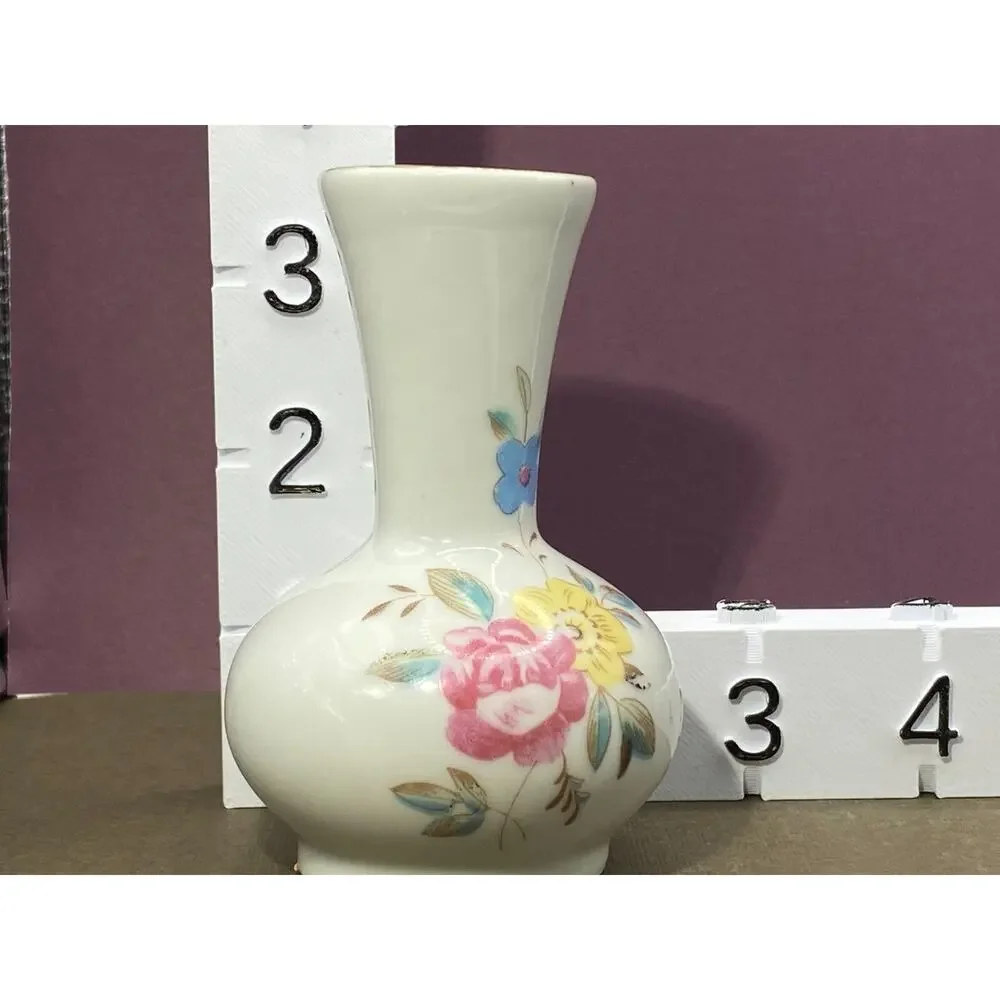 Vintage Flower Bud Vase Porcelain Hand Painted Floral Gold 3.5